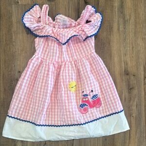 Pink Gingham Dress with Blue Trim
